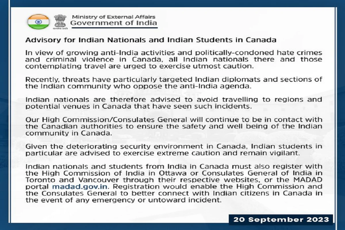 Advisory for Indian Nationals and Indian Students in Canada: کشیدگی کے درمیان وزارت خارجہ نے کینیڈا میں رہنے والے طلباء اور شہریوں کے لیے جاری کی ایڈوائزری، کینیڈا نہ جانے کی دی صلاح