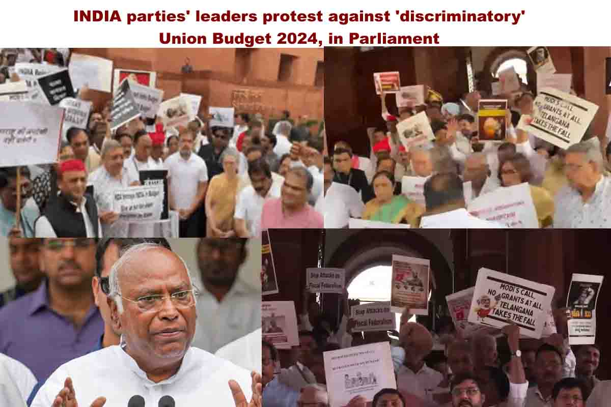 Leaders of INDIA parties protest against Union Budget 2024: اپوزیشن نے بجٹ کو ‘تفریق آمیز ‘ قرار دیا، راہل کھڑگے کی قیادت میں پارلیمنٹ کے باہر اراکین پارلیمنٹ کا احتجاج